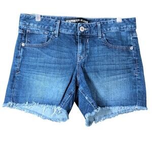 Express Womens Shorts Blue Denim Mid Rise Cotton Blend Cut Off Stretch 8